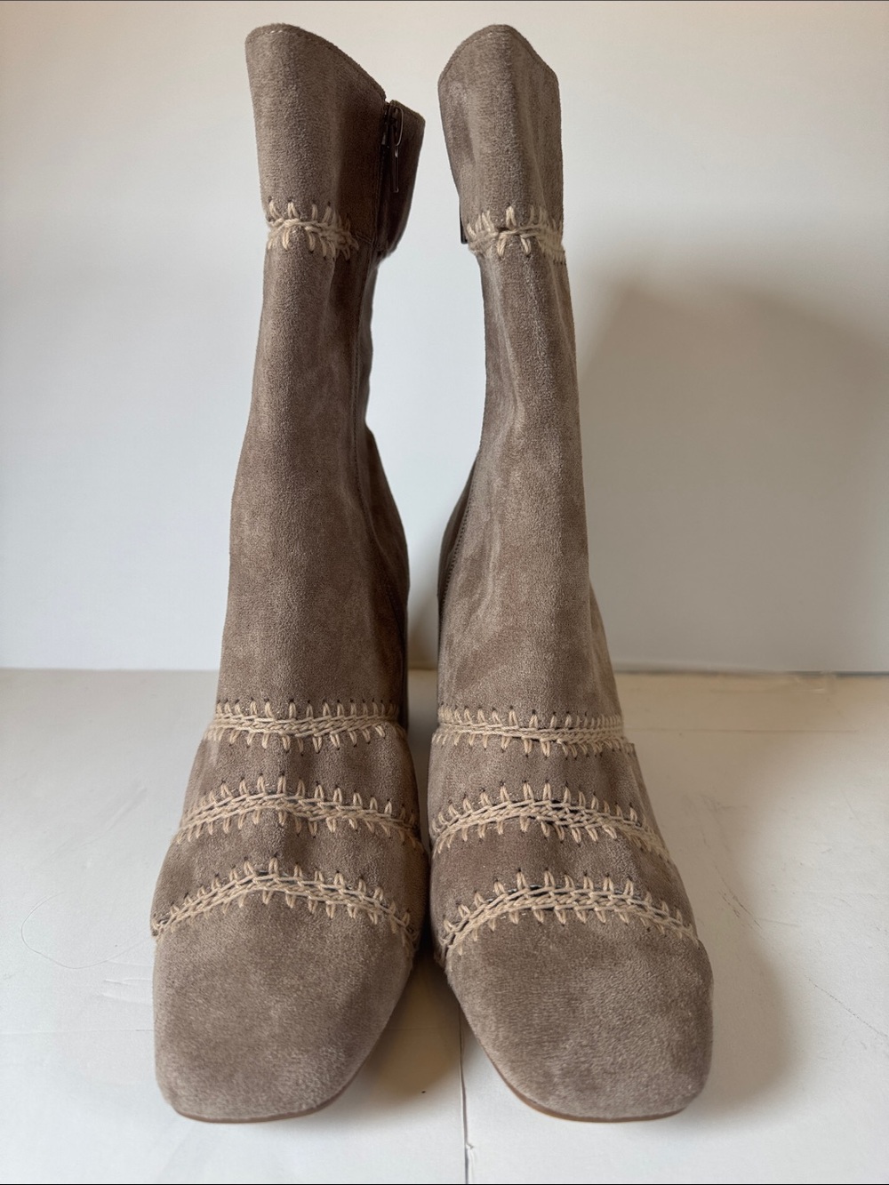SILENT D Taupe Suede Women's Ankle Boots with Decorative Stitching
